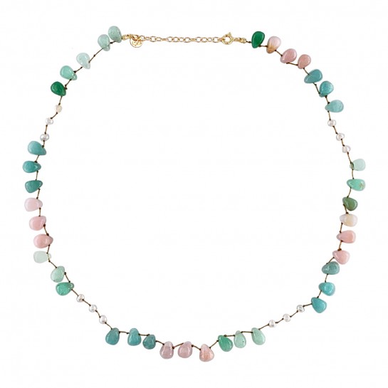 Opal, Chrysophrase, Amazonite and Natural Pearl Drop Necklace